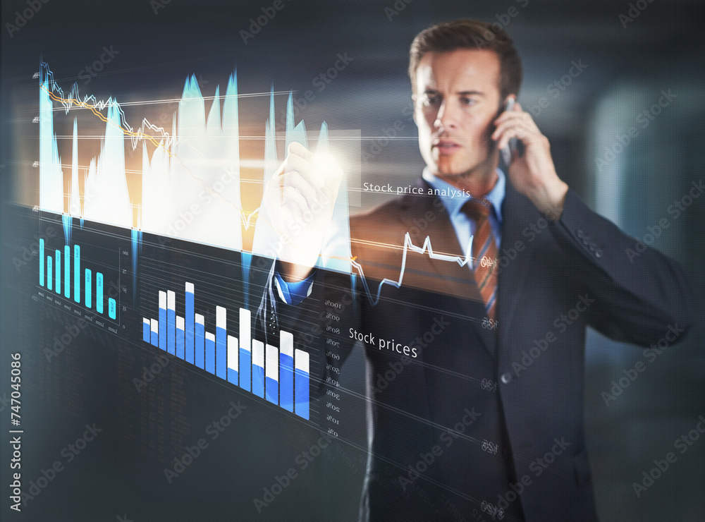 Poster Phone, call and businessman with interface for stock market in office, professional and trader for corporate. Male person, hologram and company with investment, talking and mobile technology