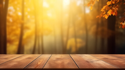 Naklejka na ściany i meble Autumnal Forest Scene with Wooden Table