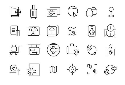 Travel and vacation linear icons collection. Collection of traveling and tourism elements. Vector illustration.