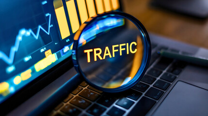 Magnifying glass or lupe placed on the laptop or notebook device keyboard, enlarging the website traffic metrics, graphs and analytics for the ranking of the blog on the internet or web online