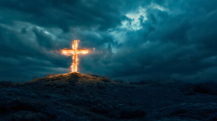 Burning wooden cross on mountain or hill top or peak, dark clouds on the sky. Christian faith or religion, crucifixion of Jesus Christ, Calvary sacrifice for salvation and forgiveness - obrazy, fototapety, plakaty
