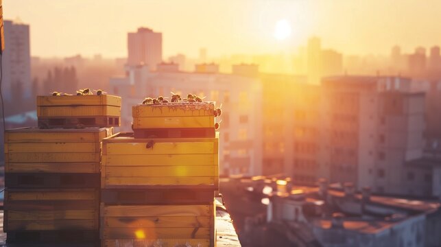 Beehives sit atop the roof of an urban house against a cityscape backdrop, showcasing the integration of pollinators in an urban environment to promote biodiversity, support plant growth.