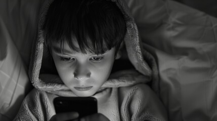 A young boy is intently looking at a smartphone screen symbolizing the potential dangers children face online, including sexual harassment, cyberbullying, and exposure to inappropriate content.