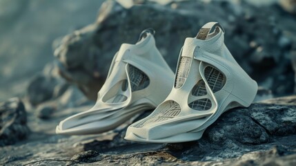 A stylish pair of white sneakers placed on rugged terrain as dusk settles, showcasing modern design and fashion.