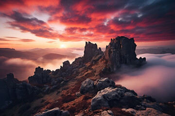 Fototapeta premium Pink sunset sky among mountains and rocks. Generated by artificial intelligence