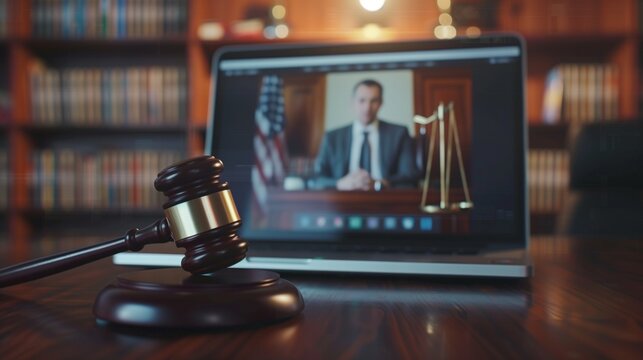 An illustration of a virtual court concept, depicting an online court hearing with a judge, lawyers, and participants connecting remotely through video conferencing technology.
