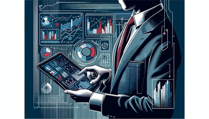 Concept of an image of an elite businessman analyzing digital data on a tablet. Vector illustration.
