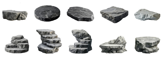 rock podium for product presentation. Natural beauty pedestal, grey color, on transparency background PNG