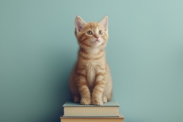 Education concept - rad ginger cat sitting on books on blue background. April National Library Day. I love read the books. Cute mouse sitting on the top of books stack - obrazy, fototapety, plakaty