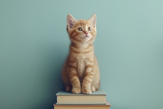 Education concept - rad ginger cat sitting on books on blue background. April National Library Day. I love read the books. Cute mouse sitting on the top of books stack