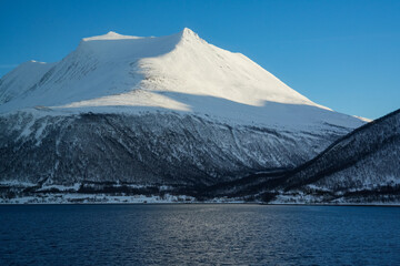 Winterlandschaft an der Ostküste Norwegens am Morgen mit schneebedeckter küste