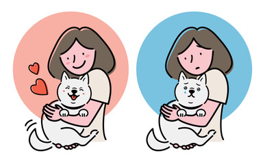 保護犬・愛犬をイメージした喜ぶ幸せそうな笑う犬と泣く・悲しむ犬を抱っこする飼い主のイラスト素材_柴犬