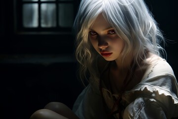 Female child vampire, with piercing red eyes and an unnervingly serene expression, of Eastern European descent, sitting in the shadowy corner of a decrepit room. Her ghostly white hair contrasts stark - obrazy, fototapety, plakaty