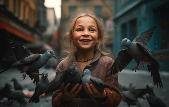 The girl was feeding the birds in her hands, smiling brightly and happily.