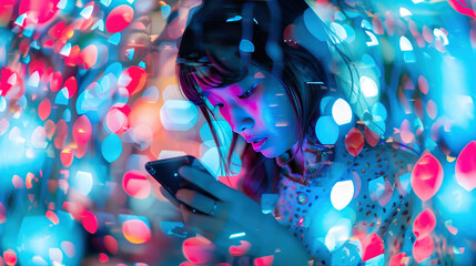 Social media addiction: a beautiful woman uses a smartphone in front of colorful social media icons