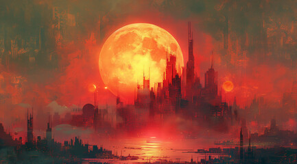 abstract digital art, technology, creativity, geometric shape, physical,, connectivity, digitalization, futuristic landscape, vibrant color, lunarpunk, luminous sphere, rusty debris, solarizing master