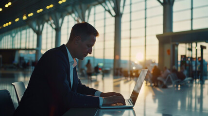 Businessman working intently at airport with golden sunset illuminating the horizon.