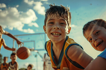 Close-up of boy passing basketball to friend on court. Intense sports action photography. Teamwork and childhood sports concept. Design for poster, banner, print - Powered by Adobe