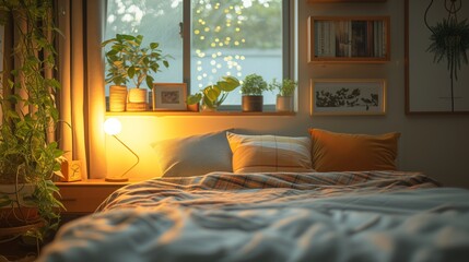 A corner of cozy bedroom at home. Badroom with bad, pillow, With a table lamp, bookshelf. Very cute cozy interior design, romantic dim lighting - obrazy, fototapety, plakaty