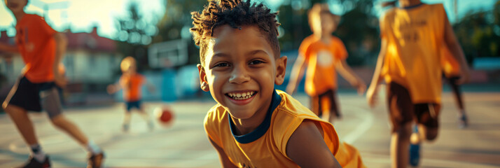 Joyful young boy with basketball on an outdoor court with friends in background. Youth sports and outdoor concept. Design for sports club advertisements, outdoor event banners, active lifestyle poster - obrazy, fototapety, plakaty