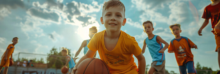 Boy playing basketball with friends on sunny day. Childhood games and sports concept. Design for community event posters, youth sports flyers, and outdoor activity brochures. - obrazy, fototapety, plakaty
