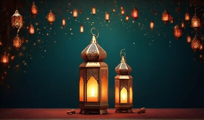 Fototapeta na wymiar Modern Islamic holiday banner suitable for Ramadan, Raya Hari, Eid al-Adha and Mawlid. A lit lantern on an evening background