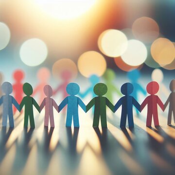 Colorful paper people hand in hand, Unity in Diversity Concept, Bokeh Background