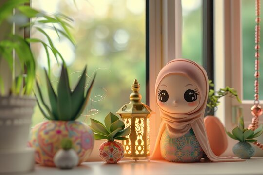 Hijab doll with lanterns on window sill. Ramadan Kareem celebration