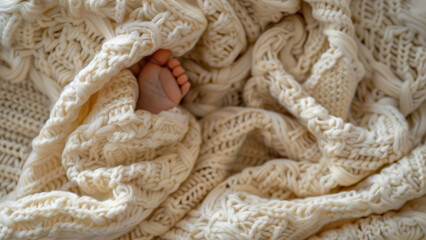 Tender moments captured as a baby's foot peeks out from a knitted blanket.