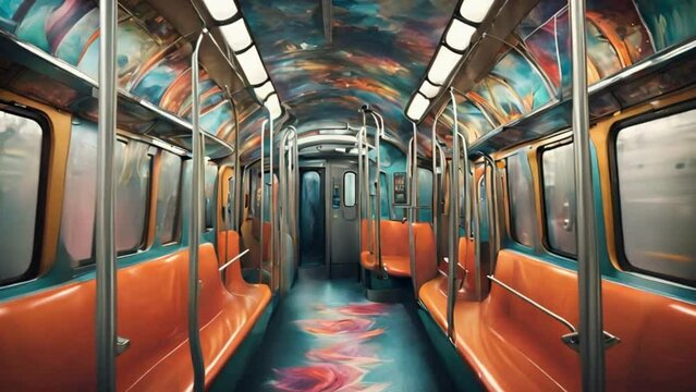  City subway train as it undergoes a whimsical transformation, taking passengers on a journey through imaginative and surreal landscapes