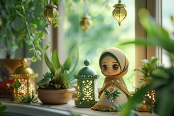Hijab doll with lanterns on window sill. Ramadan Kareem celebration
