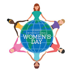 International women's day - Group of woman hand hold hand circle around globe world vector design