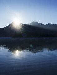 Landscape at Urkulu. The sunrise sun is reflected in the Urkulu reservoir. Euskadi