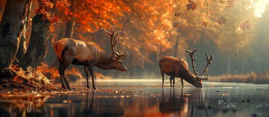 Graceful deers in serene waters: two majestic animals standing peacefully in a tranquil lake