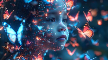 Girl with Glowing Butterflies in Cyberpunk Style