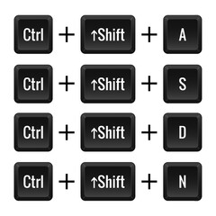 Keyboard combinations of Ctrl, Shift and A, S, D, N. Hotkeys, control, macro, shortcut, command, input, enter, type, layout, computer, laptop key. Select all, save, new. Vector illustration