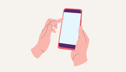Hand holding smartphone. Finger touch screen. Vector flat cartoon illustration for web sites and banners design.