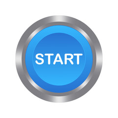 Start blue button with metal base. Push, press, control, manipulation, key, knob. Starter, beginning, onset, opening, launch, run the program, turn on, switch, activate, plug in, install, contact