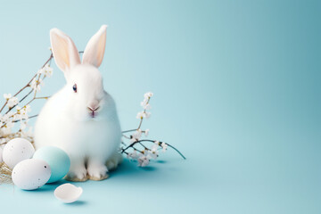 White rabbit and Easter eggs on pastel blue background with copy space.