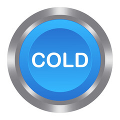 Cold blue button with metal base. Push, press, control, manipulation, key, knob. Water, temperature regulation, air, climate, smart home, plumbing, conditioning, freeze, frost, refrigerator, freezer