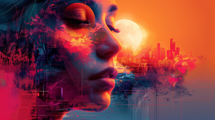 abstract digital art, technology, creativity, geometric shape, physical,, connectivity, digitalization, futuristic landscape, vibrant color, lunarpunk, luminous sphere, rusty debris, solarizing master