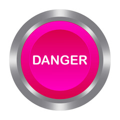 Danger pink button with metal base. Push, press, control, manipulation, key, knob. Caution, dangerous, warning, no entry, emergency situation, accident, save, alarm air raid alert. Vector illustration