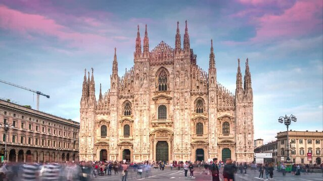 Milan Cathedral Hyperlapse Time lapse. People walking on Square Piazza Duomo di Milano and Gallery Vittorio Emanuele II, during the fashion week timelapse city in 4K.