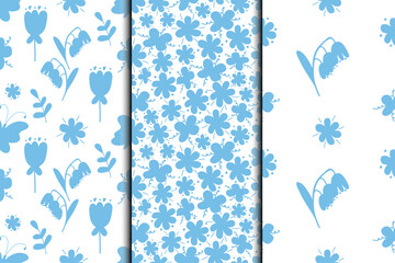 Set of seamless pattern with silhouettes of flowers and butterflies in doodle style.	