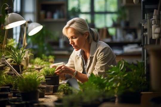 
Portrait photograph of a female agronomist in her early 50s, examining plant specimens in an agronomy lab, surrounded by potted plants