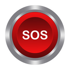 SOS red button with metal base. Push, press, control, manipulation, key, knob. Distress call, help, save, caution, warning emergency situation, accident, doctor, first aid, danger. Vector illustration
