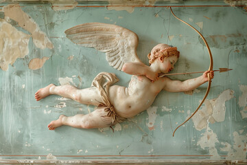 Cupid flying overhead shooting his arrow, vintage illustration, Valentine`s day.