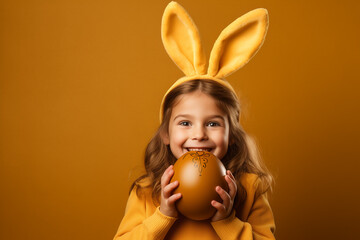 Cute little girl with bunny ears and chocolate egg. Easter celebration