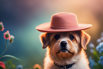 cute dog with pink hat on blurry background - obrazy, fototapety, plakaty