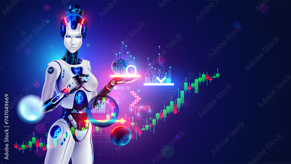 Poster Robot AI trader analysing chart of stock exchange market. Woman robot trader assistant on forex market. Automated trading AI system. Bot trader developing trading strategy on stock exchange market.